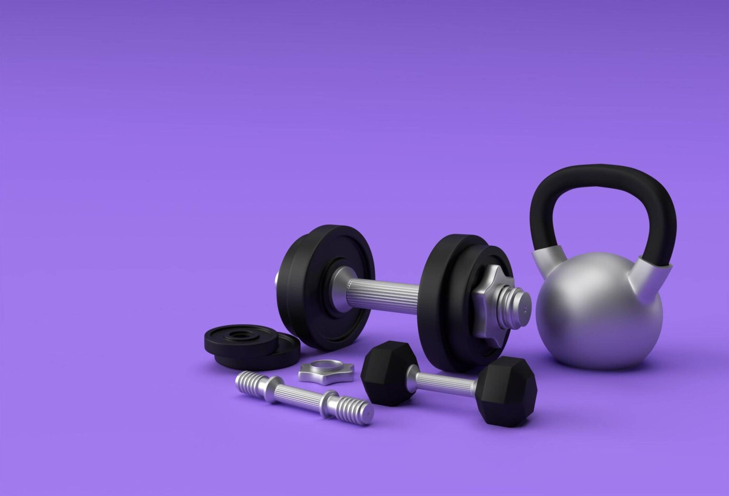Assorted gym equipment including dumbbells and a kettlebell on a purple background.