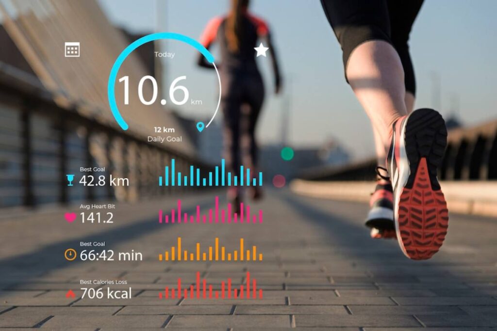 Close-up of a runner's feet on a bridge, with overlaid fitness tracking graphics showing distance and calories burned.