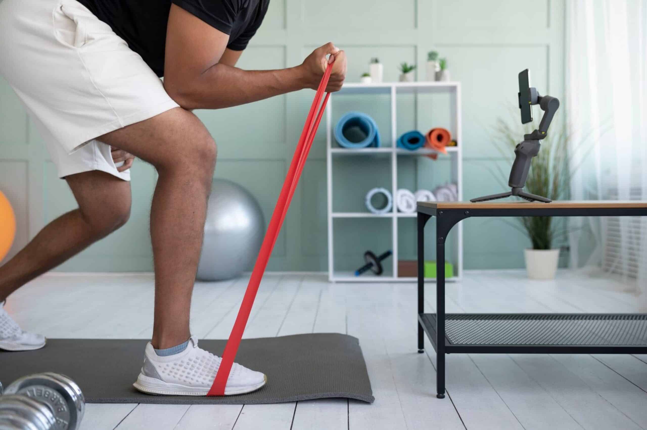 Man doing resistance band exercises at home, with exercise equipment and smartphone on tripod in background.