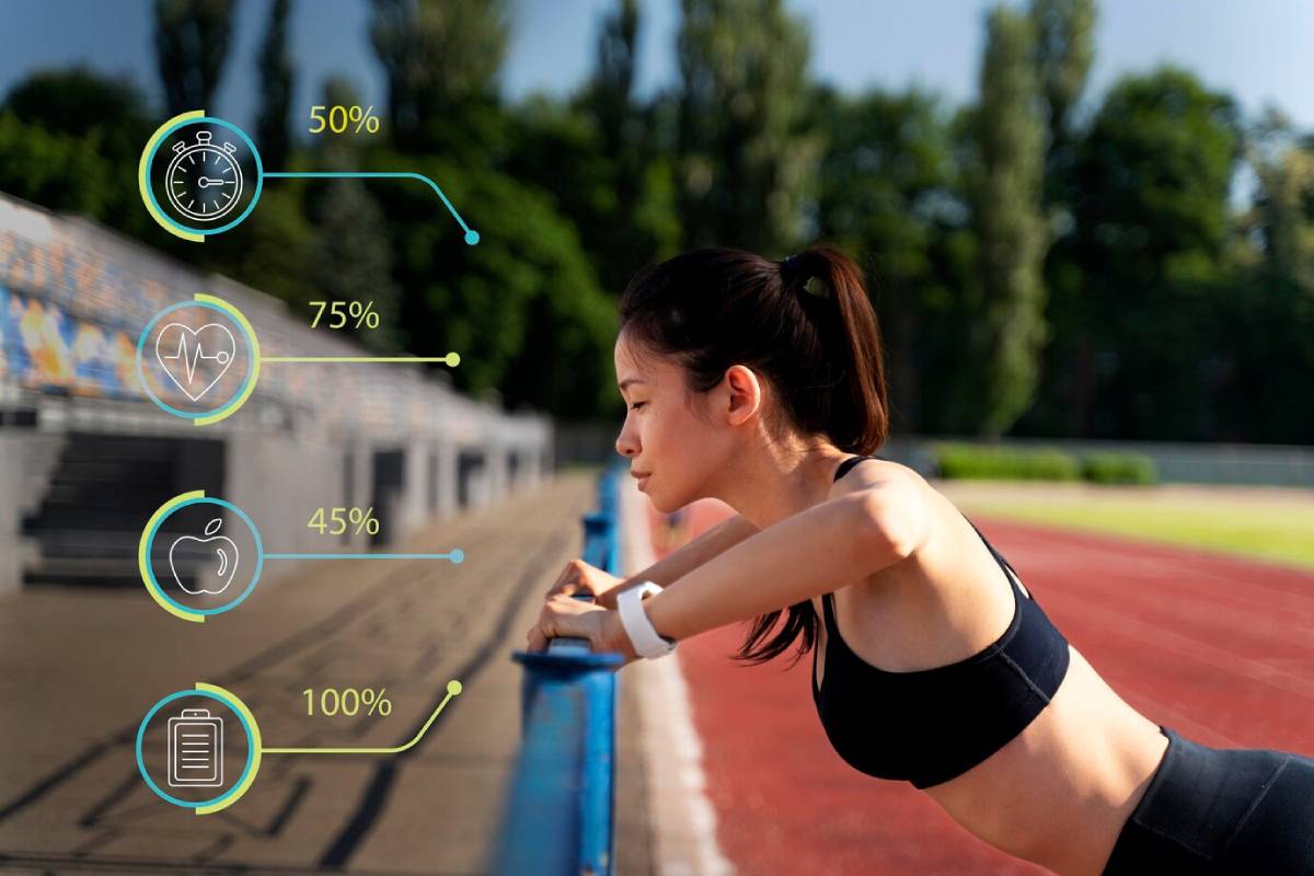 Young woman resting on a railing at a sports track, with virtual fitness metrics overlaying the image. 