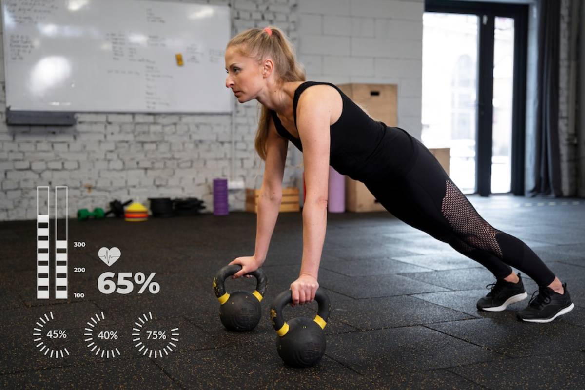 Woman in a gym performing a plank with kettlebells, digital health metrics displayed on the left. 