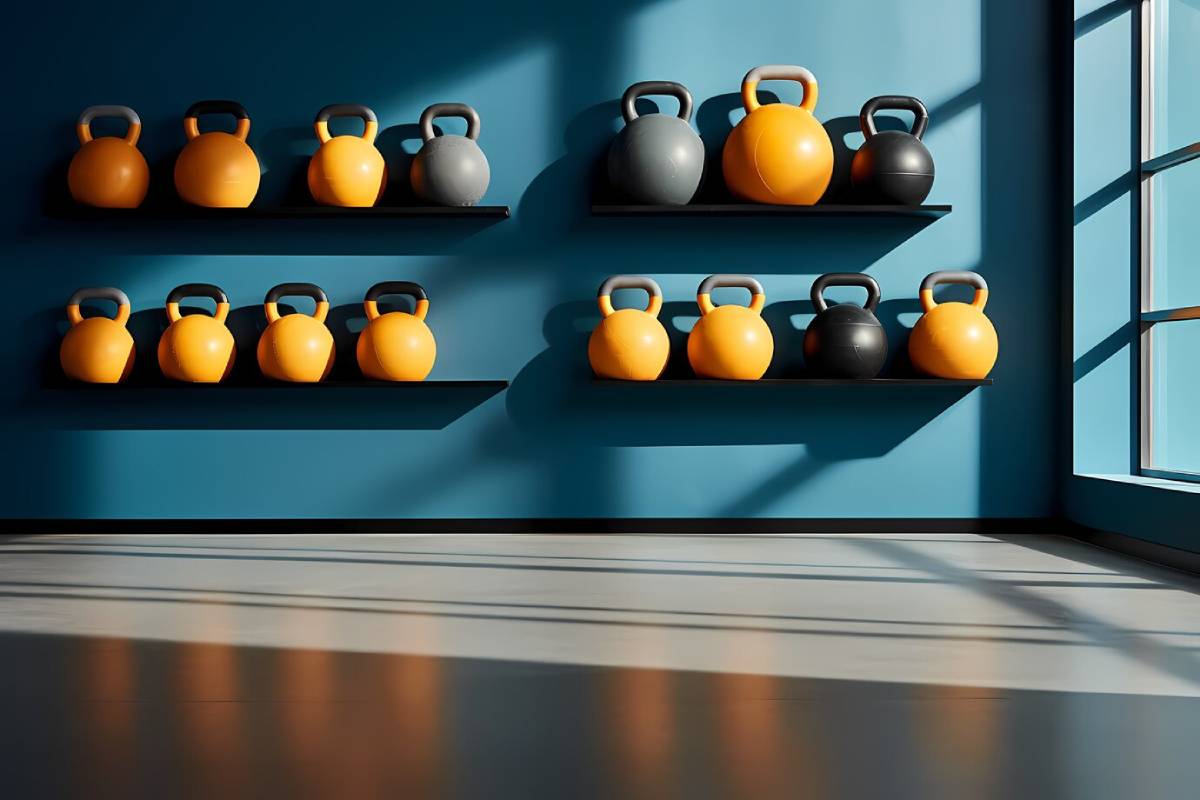 A room featuring multiple kettlebells neatly arranged on shelves, showcasing a variety of weights and colors.