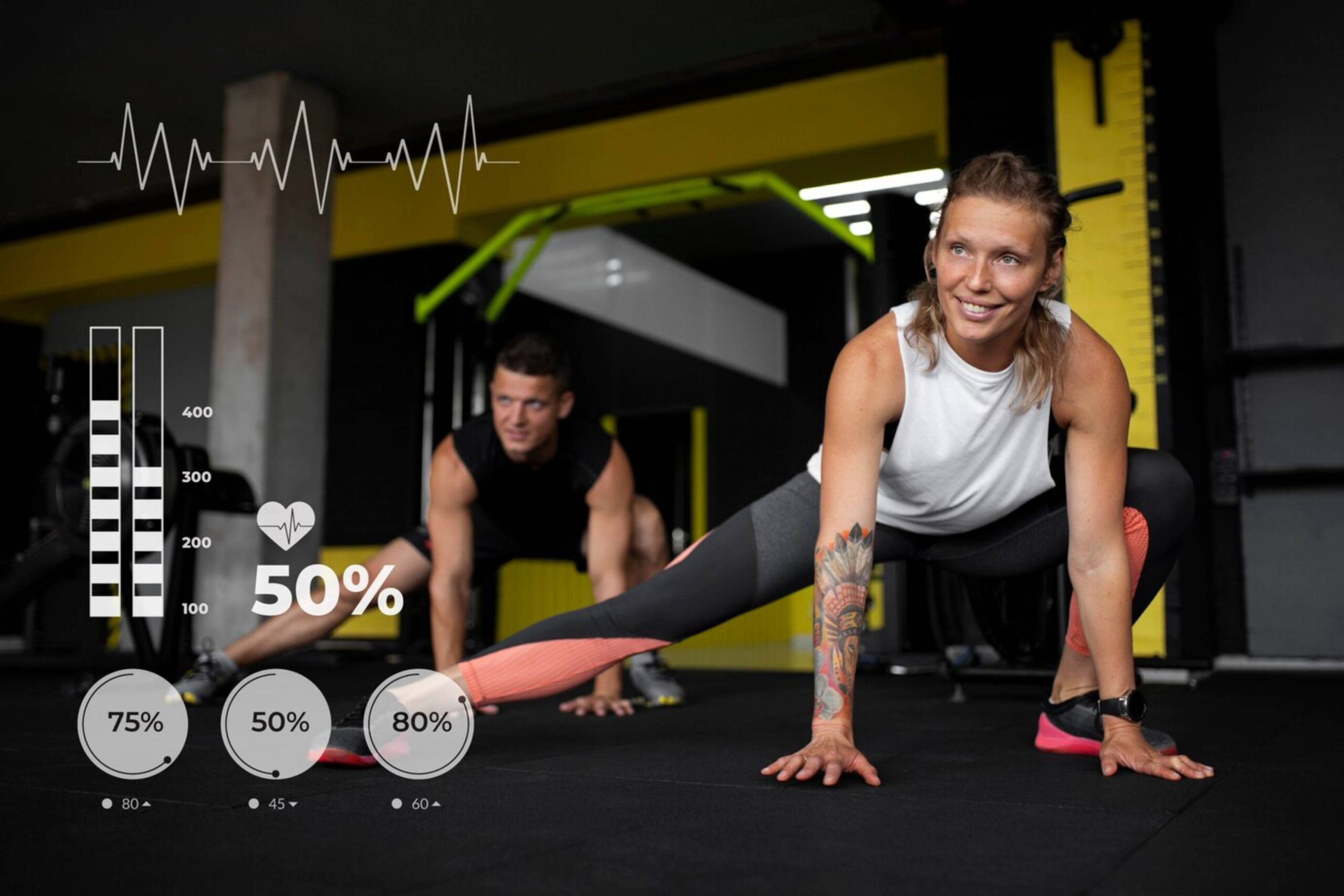  A woman and man exercising in a gym, with overlaid digital fitness tracking graphics.