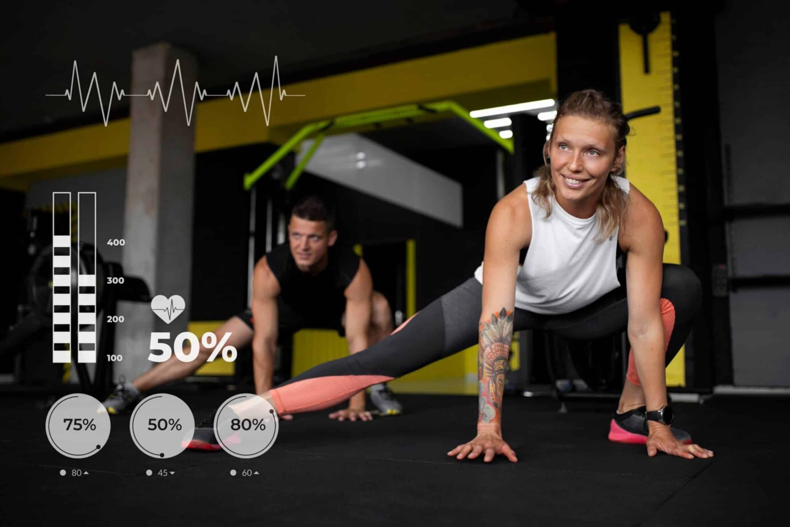 A woman and man exercising in a gym, with overlaid digital fitness tracking graphics.