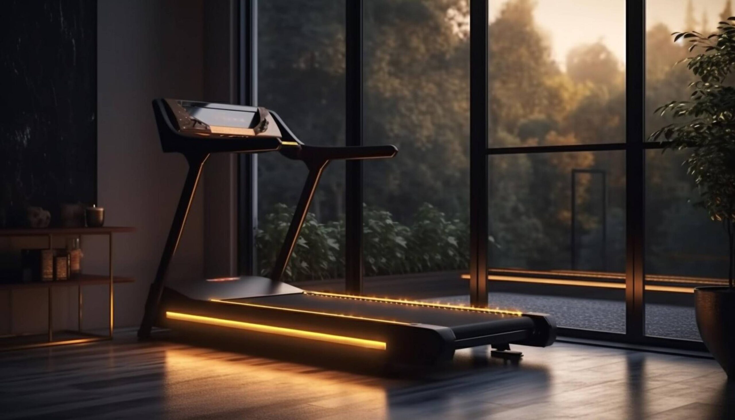  Modern treadmill in a home gym with large windows overlooking a lush forest at dusk.