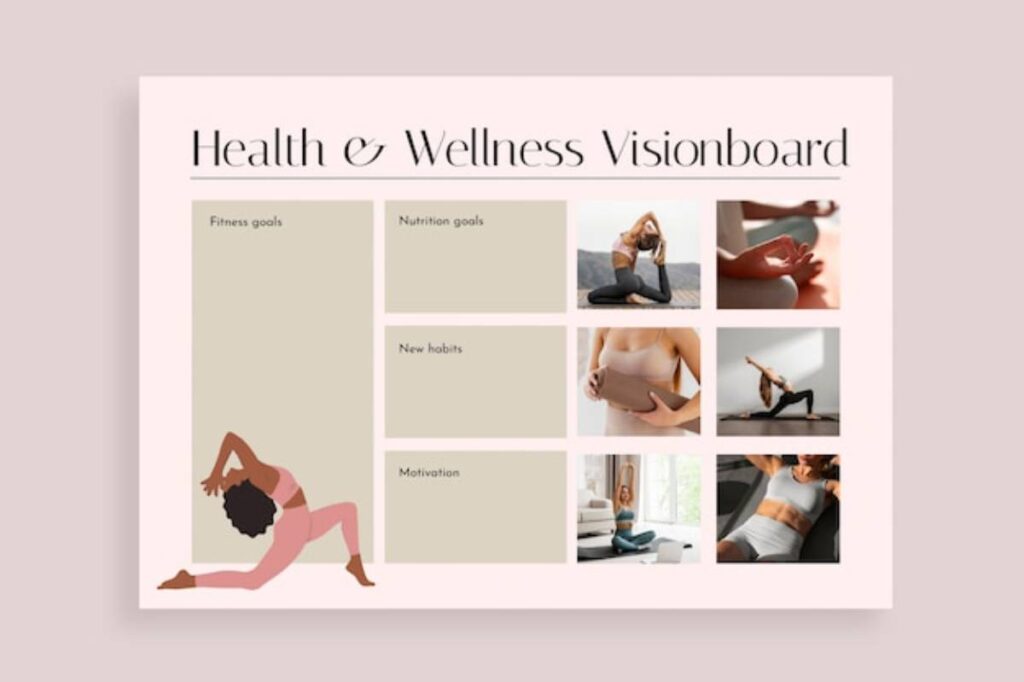 A colorful health and wellness vision board featuring images and words that inspire a healthy lifestyle and personal growth.