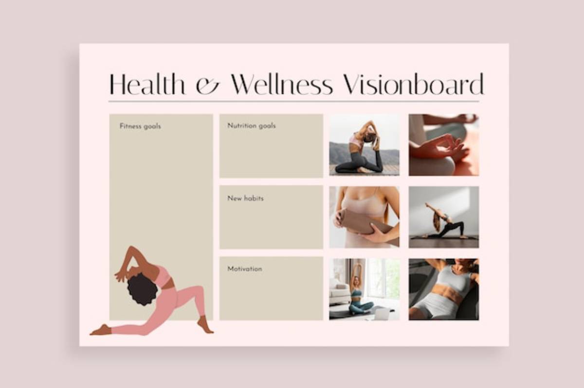 A colorful health and wellness vision board featuring images and words that inspire a healthy lifestyle and personal growth.